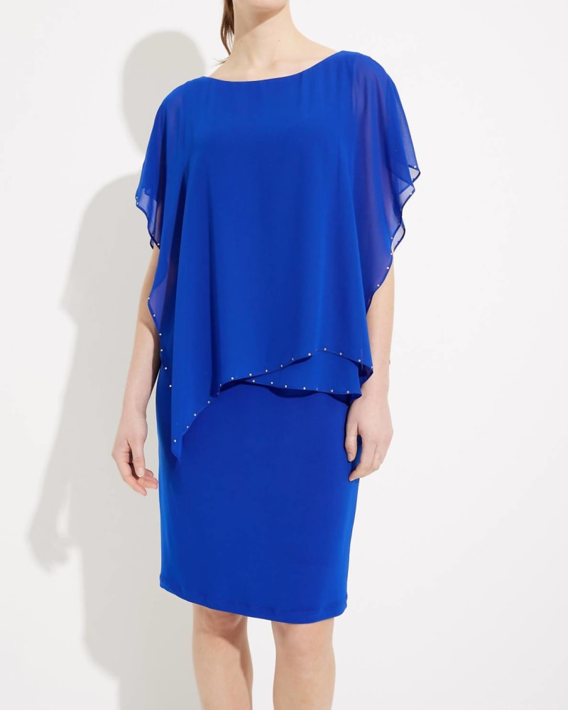 Front of a model wearing a size 14 Layered Chiffon Rhinestone Dress In Royal Sapphire in Royal Sapphire by Joseph Ribkoff. | dia_product_style_image_id:346707